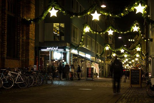 Copenhagen street lights. Get off the beaten track to find some great budget food options.