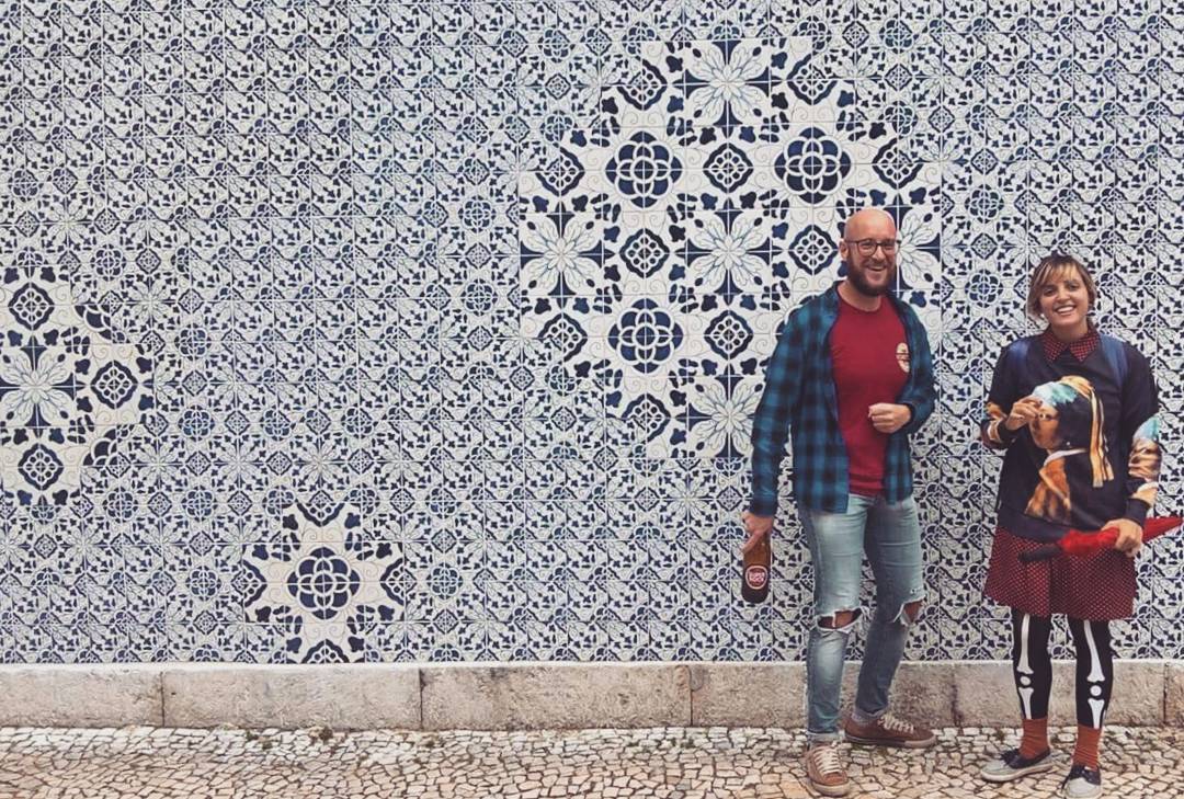 Posing in front of azulejos