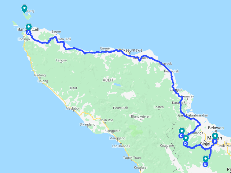 insel sumatra - Landkarte der Insel Sumatra mit eingezeichneter Reiseroute durch den Norden der Insel