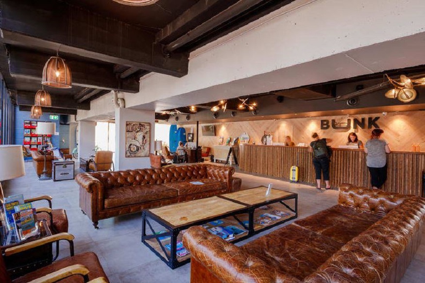 travel east coast australia, brown leather sofas BUNK Surfers Paradise hostel reception