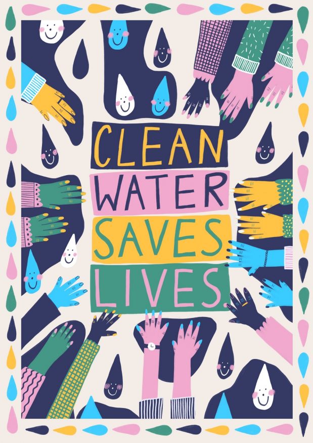 wateraid art for change entry by Holly Thomas - painting of hands reaching into clean water saves lives text