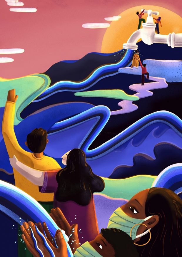 wateraid art for change entry by Jess Mountfield - painting of people turning taps on