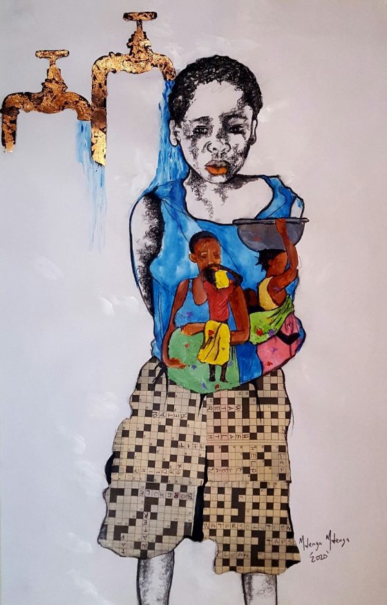 wateraid art for change entry by Mulenga J Mulenga - painting of a boy standing under taps