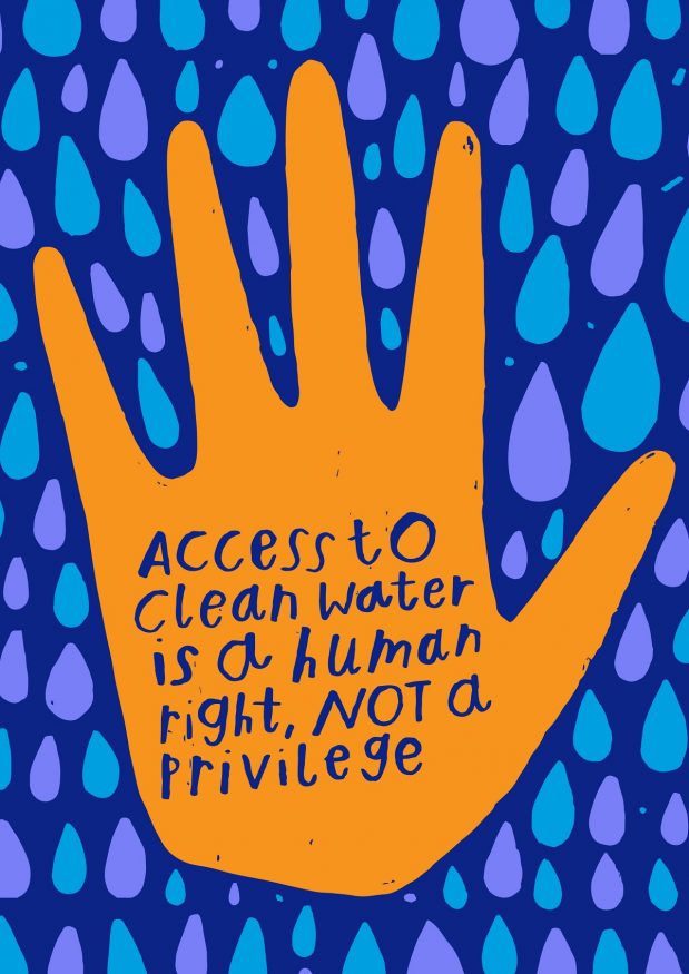 wateraid art for change entry by Nikki Miles - painting of a hand with access to clean water is a human right not a privilege writing
