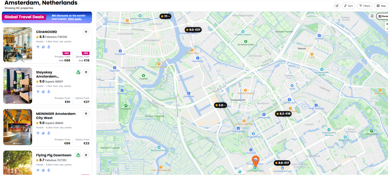 Hostelworld Hostels Map in Amsterdam