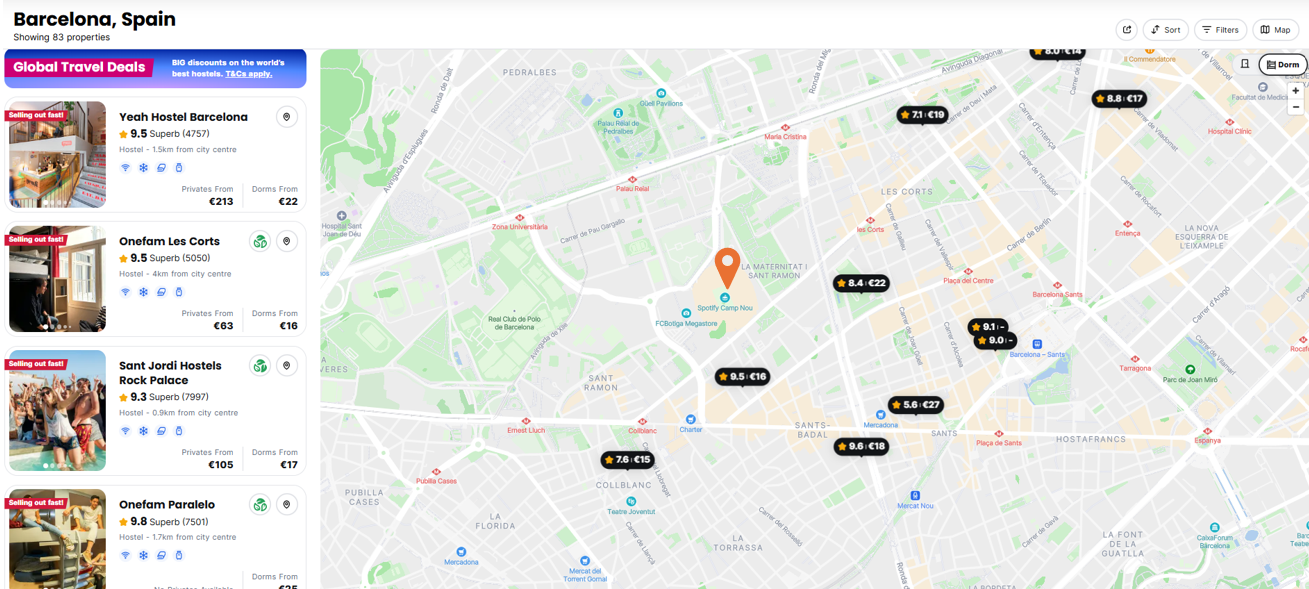 Hostelworld Hostels Map in Barcelona