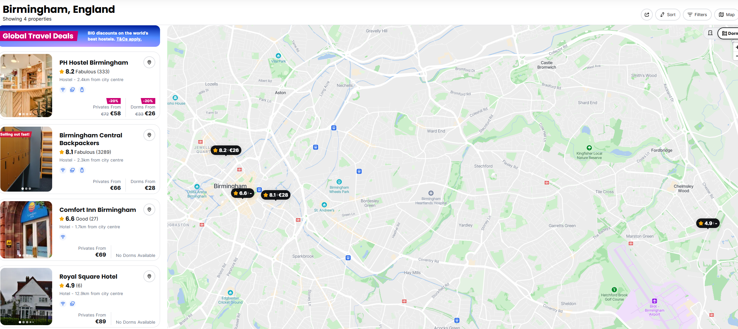 Map of Birmingham Hostels Hostelworld