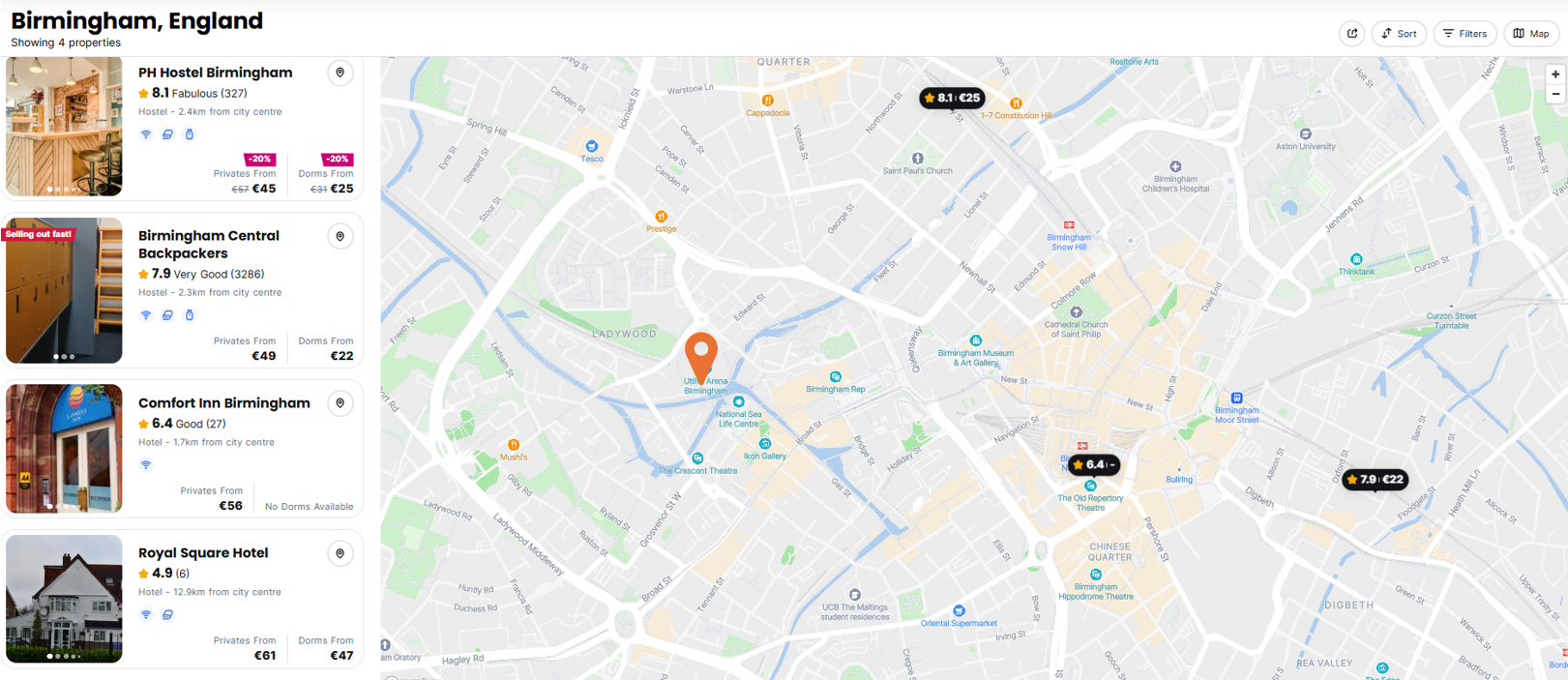 Birmingham Map with Hostels Near The OVO Hydro Hostelworld