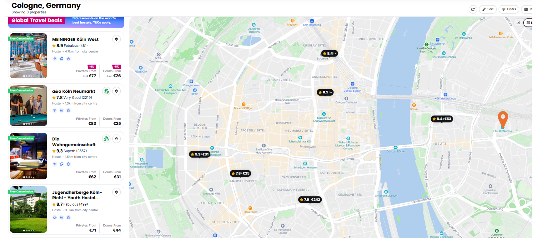 Cologne Map with Hostels Near The OVO Hydro Hostelworld