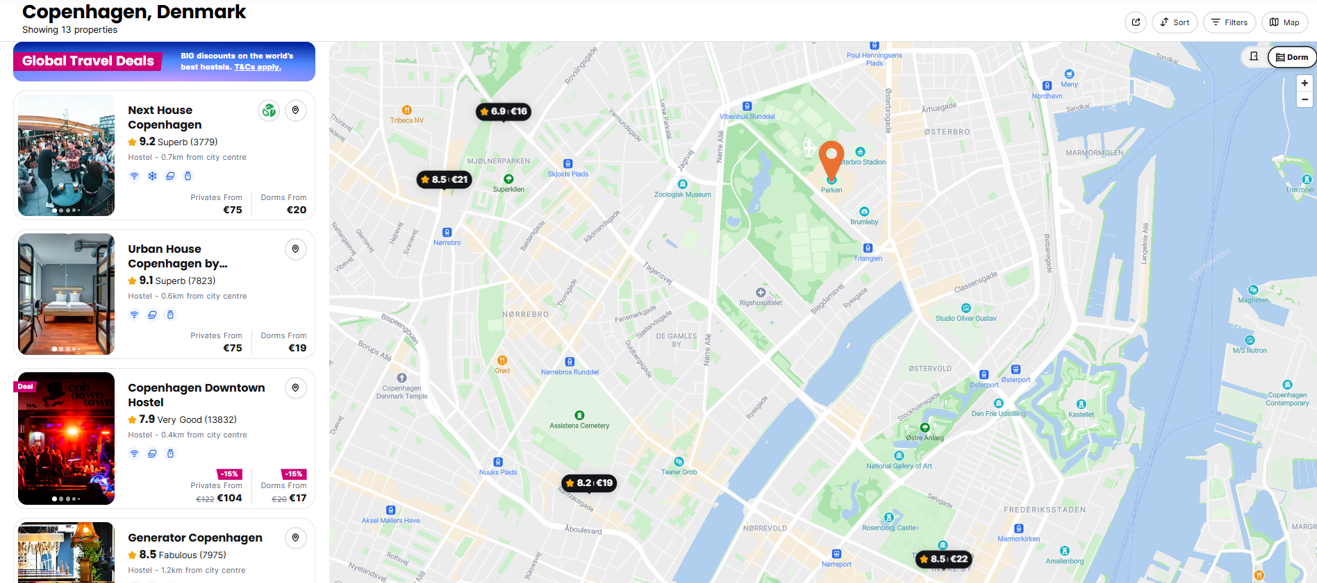 Hostelworld Hostels Map in Copenhagen