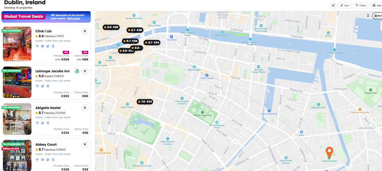 Hostelworld Hostels Map in Dublin