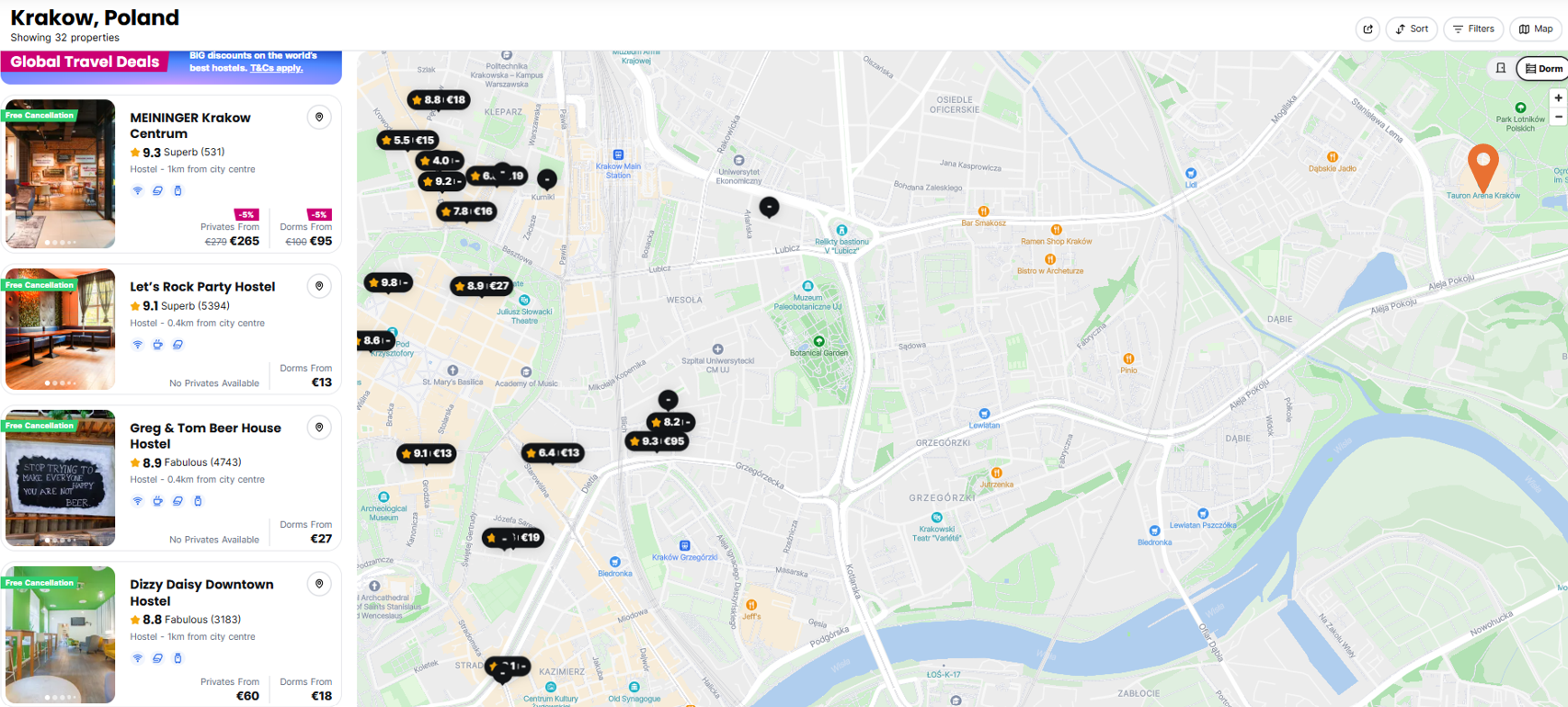 Krakow Map with Hostels Near The OVO Hydro Hostelworld