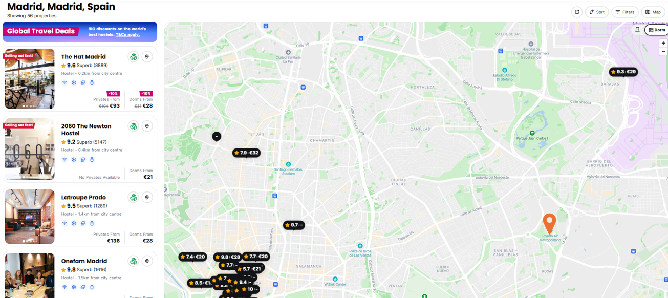 Hostelworld Hostels Map in Madrid