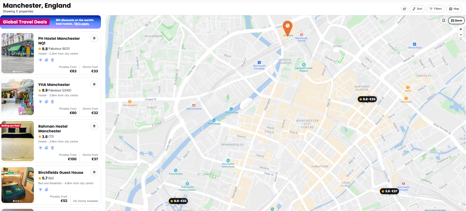 Manchester Map with Hostels Near The OVO Hydro Hostelworld