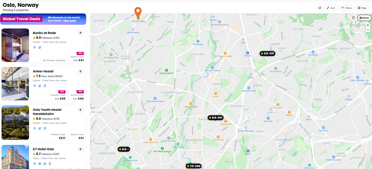 Hostelworld Hostels Map in Oslo