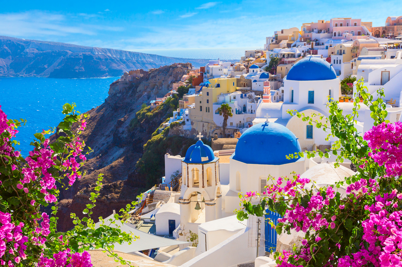 Santorini Greece View with White and Blue Houses and Coastline Landscape - Best Beach Travel Destinations