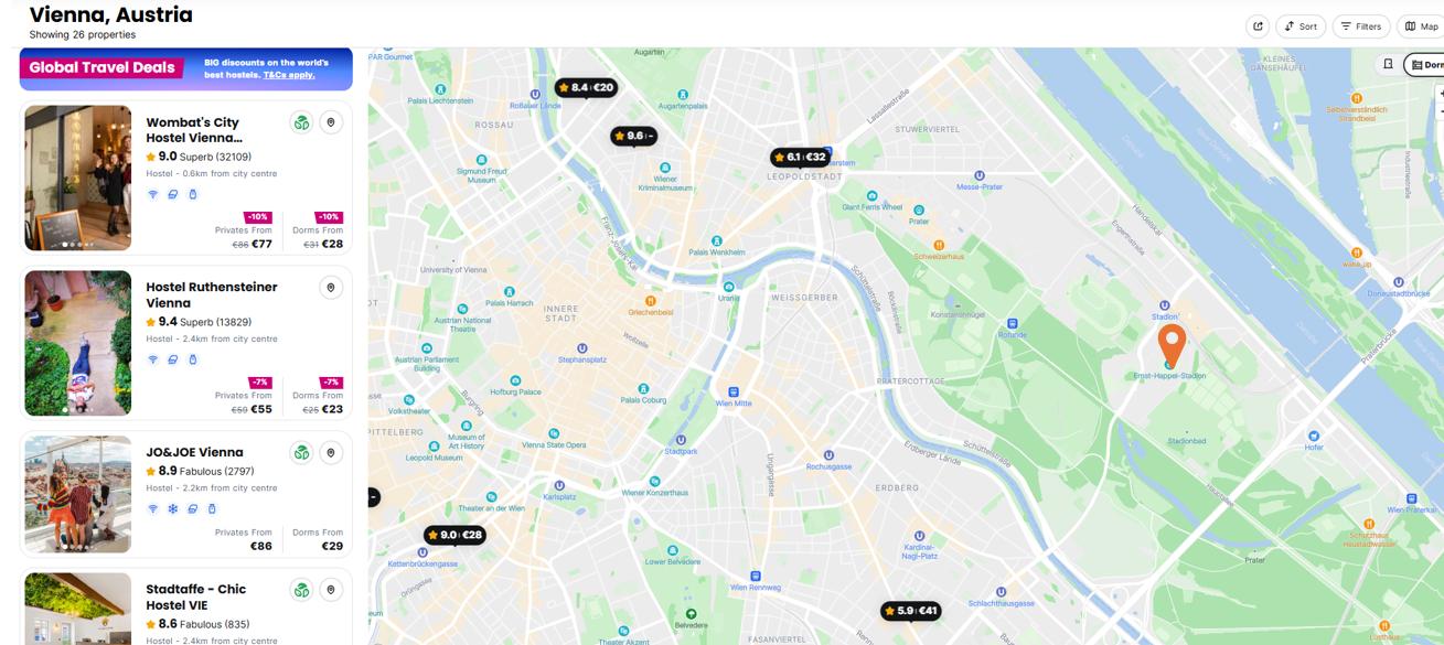 Hostelworld Hostels Map in Vienna