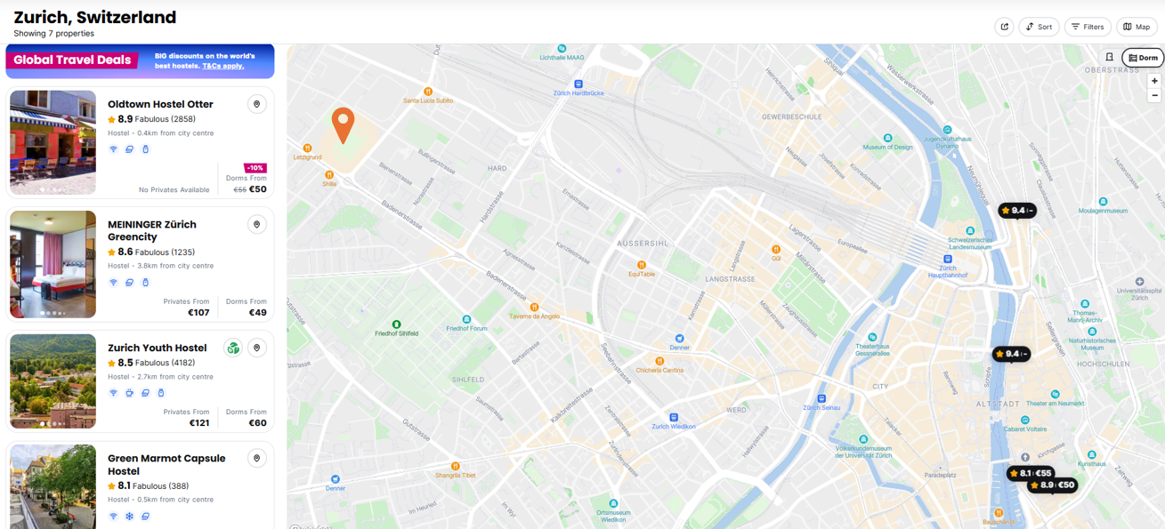 Hostelworld Hostels Map in Zurich